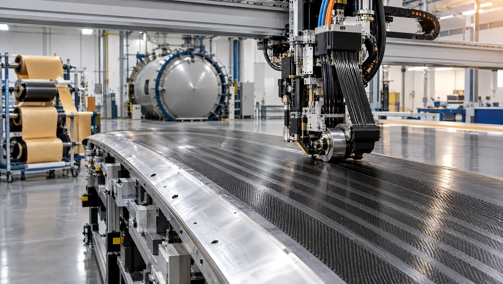 Automated fiber placement head laying carbon-fiber tows onto a curved wing-skin layup tool