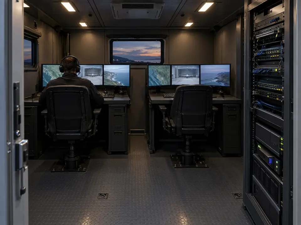 Interior of a ruggedized mission command shelter with two remote-operator workstations, an operator wearing a headset, and an equipment rack of network hardware