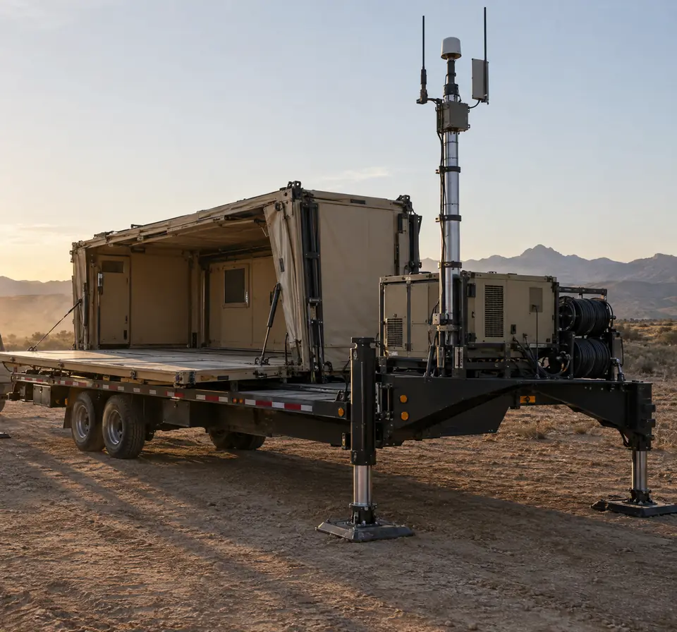 Trailer-mounted expeditionary platform deploying at dawn: a folding shelter opening into a deck, leveling jacks on footpads, and a telescoping communications mast rising