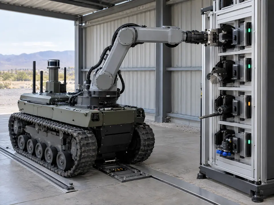 Tracked UGV with a manipulator arm docking its wrist tool-changer into a rack of holstered end effectors: gripper, cutting tool, inspection probe, and vacuum gripper