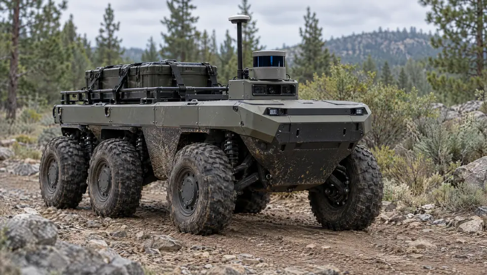 Six-wheeled uncrewed ground vehicle with lidar and cameras on a rocky forest trail