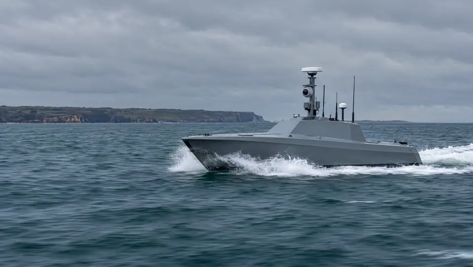 Uncrewed surface vessel with a radar and camera mast underway on open coastal water