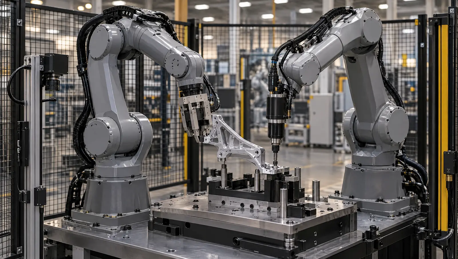 Two industrial robot arms in a guarded cell, one holding a machined aerospace bracket while the other installs a fastener over a precision fixture