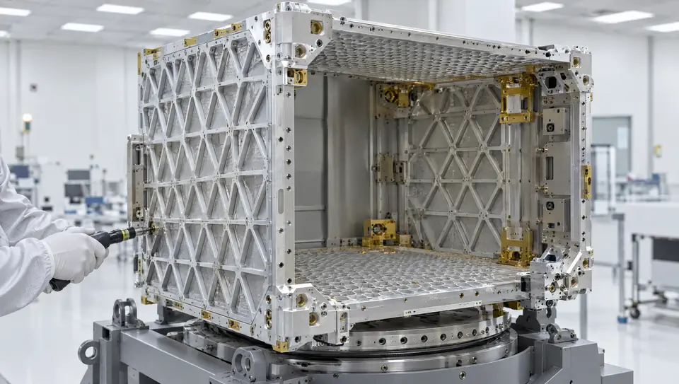 Machined aluminum isogrid satellite bus structure on an integration fixture in a cleanroom